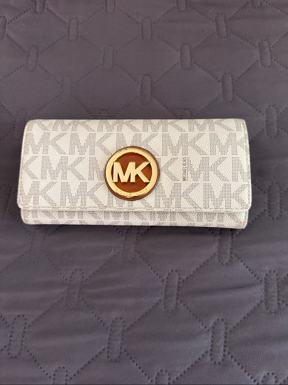 Michael Kors Cream MK Logo Continental Wallet with Gold Emblem